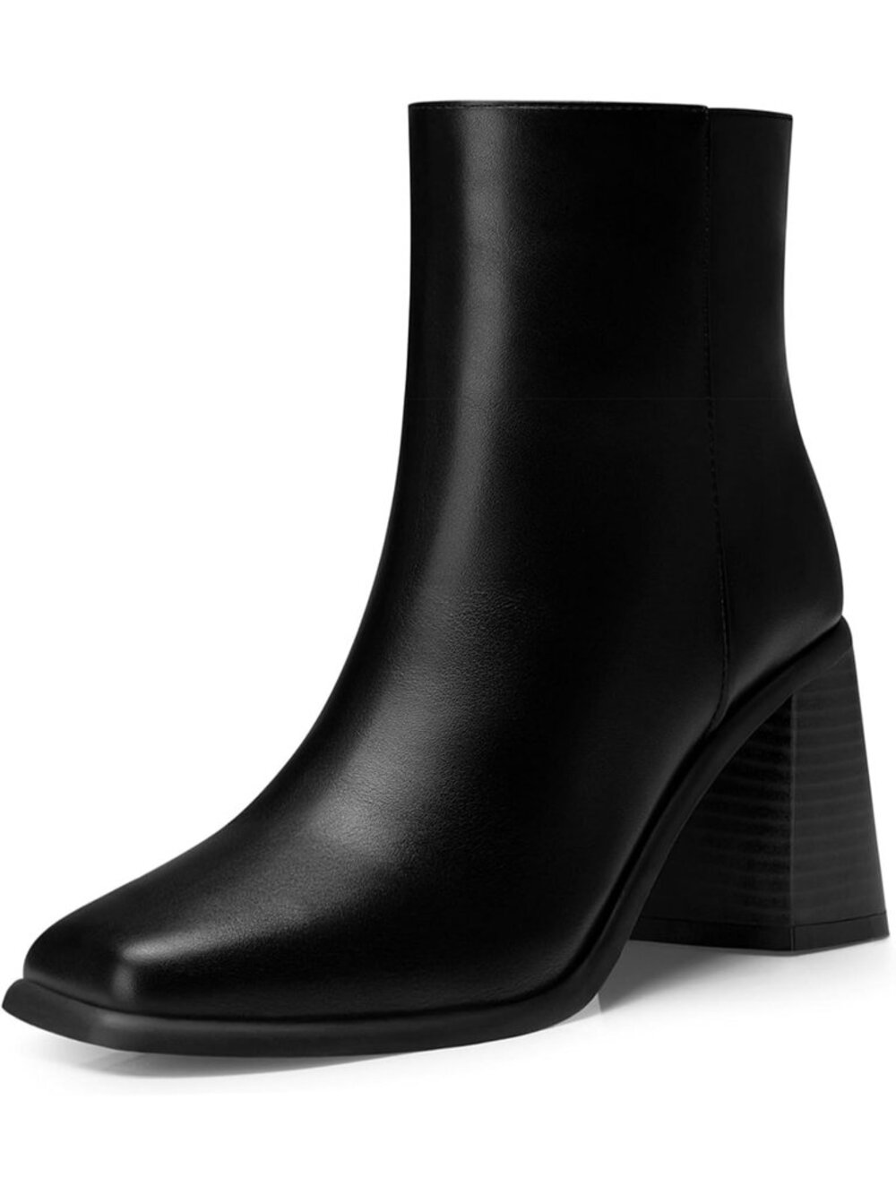 Women's Black Square Toe Comfortable Chunky Heel Faux Leather Ankle Boots